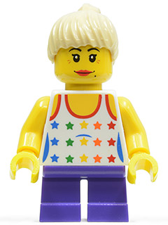 LEGO Minifigure-Shirt with Female Rainbow Stars Pattern, Dark Purple Short Legs, Tan Ponytail Hair-Town / City-TWN130-Creative Brick Builders